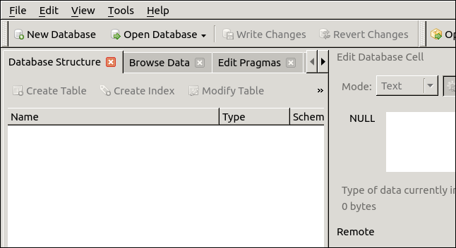 DB Browser para la ventana principal de la aplicación SQLite.