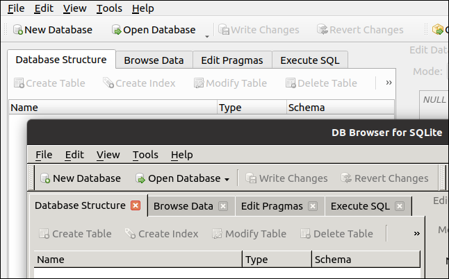 Dos versiones de DB Browser para SQLite que se ejecutan en GNOME.