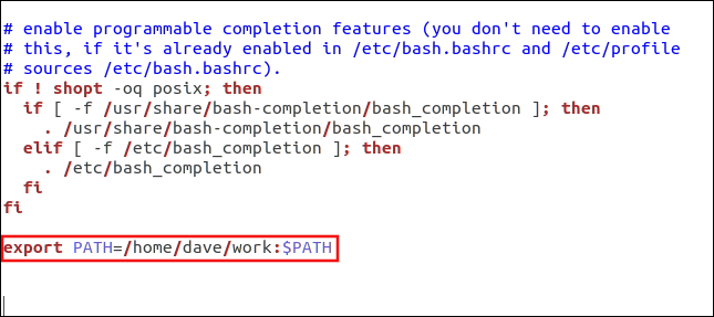 El editor gedit con el archivo ".bashrc" cargado.