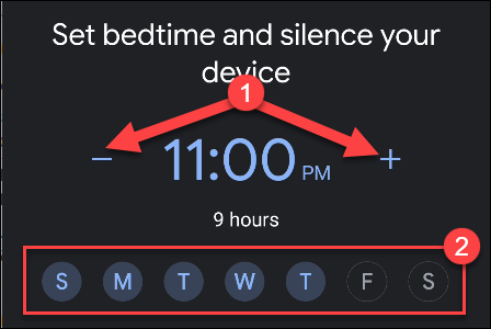 Toque los signos menos y más para establecer la hora en que desea que su dispositivo se silencie y luego toque los días de la semana en los que desea que esto suceda.
