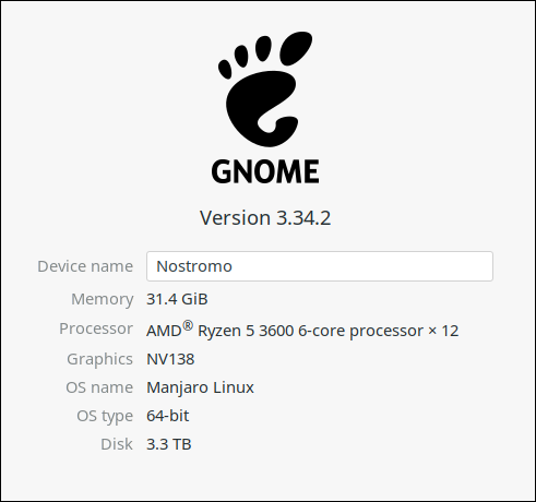 La pestaña "Acerca de" de la configuración de GNOME para un host físico.