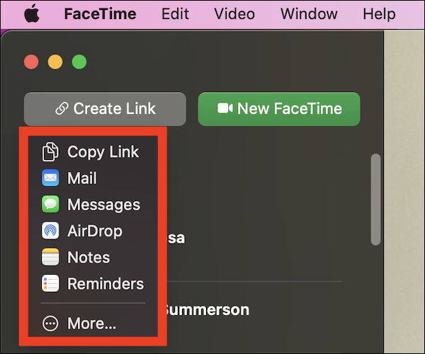 Elija cómo le gustaría compartir el enlace de FaceTime en su Mac