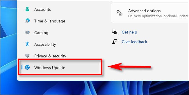 In the Windows Settings sidebar, click on "Windows update".