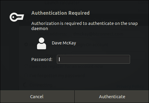 Ventana de diálogo de autenticación de Ubuntu