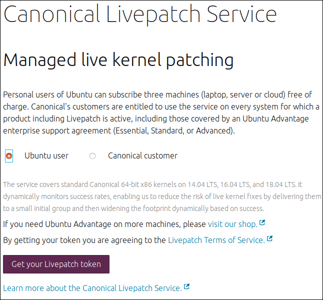 Página web de Canonical Livepatch Service