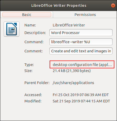 Diálogo de propiedades del archivo .desktop de LibreOffice Writer.
