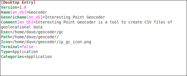 El archivo .desktop completo en el editor gedit