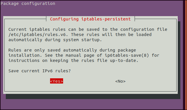 Presione la barra espaciadora para aceptar la opción "Sí" en la pantalla de configuración de IPv6.