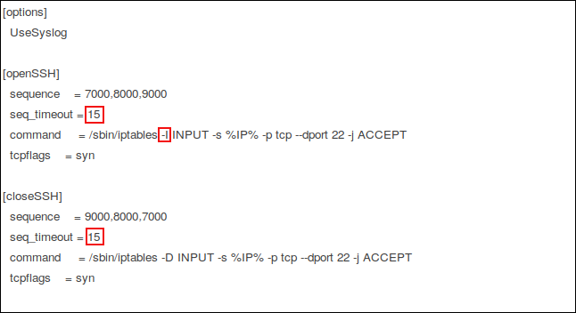 El archivo de configuración knockd en el editor gedit con las ediciones resaltadas.