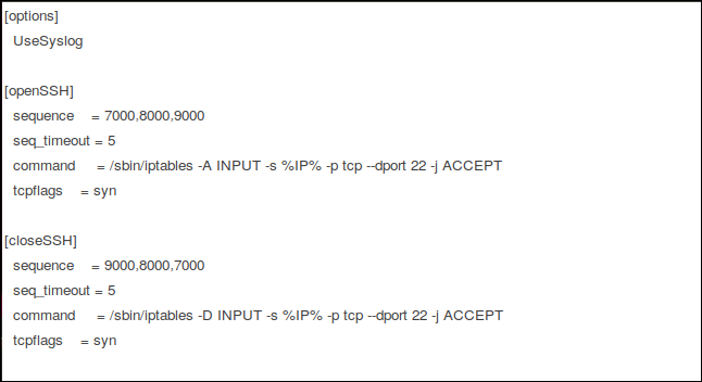 Le fichier de configuration knockd dans l’éditeur gedit.