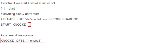 Le fichier de contrôle knockd dans gedit avec les modifications en surbrillance.