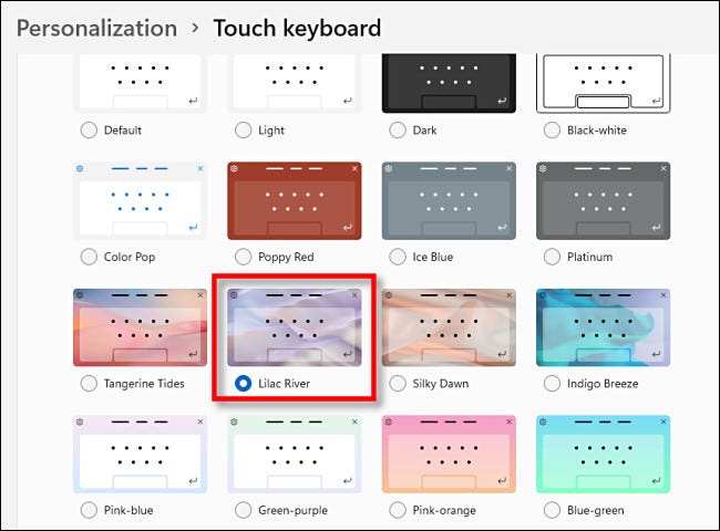 Choose a touch keyboard theme by clicking on it.