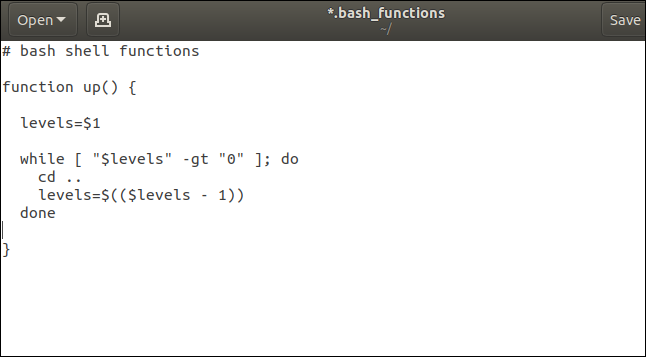 The shell up function () Bash and gedit