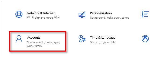 En la configuración de Windows, haga clic en "Cuentas".