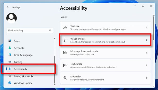 En Configuración, haga clic en "Accesibilidad" y luego en "Efectos visuales".