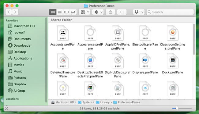 Archivos del panel de preferencias de Mac como se ven en el Finder.