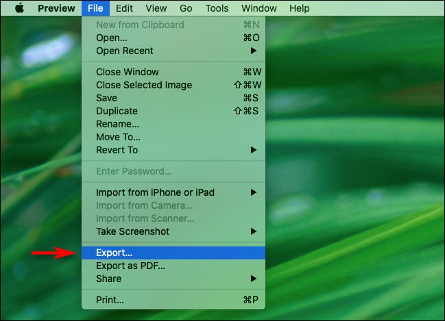 En Vista previa en Mac, seleccione "Exportar" en el menú "Archivo".