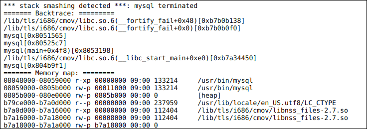 Un volcado de pila aplastante generado por mysqld, el servidor de base de datos MySQL