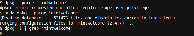 Purga de archivos de configuración 'mintwelcome' con dpkg