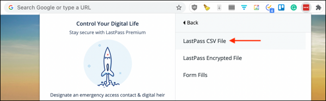 Haga clic en el archivo CSV de LastPass desde la extensión de LastPass