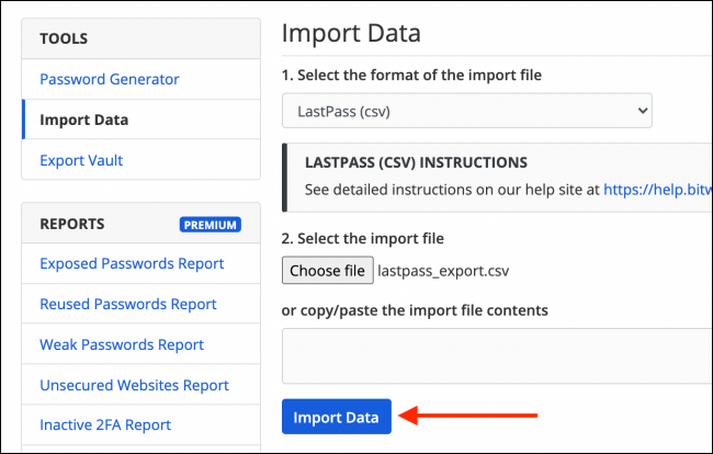 Haga clic en Importar datos para importar las contraseñas CSV de LastPass a Bitwarden