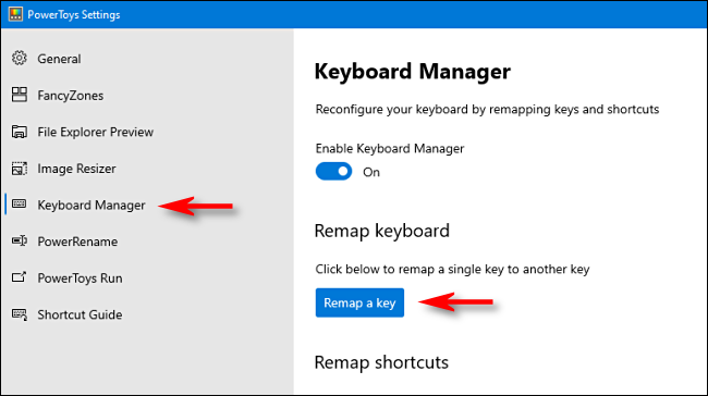 Haga clic en "Administrador de teclado" en la barra lateral y luego haga clic en "Reasignar una tecla".