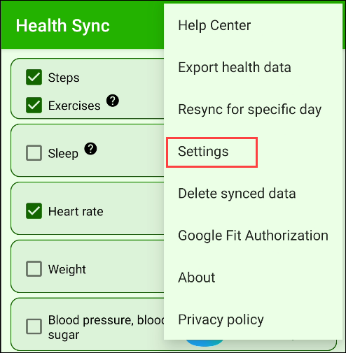 Toca "Configuración" en la aplicación Health Sync.