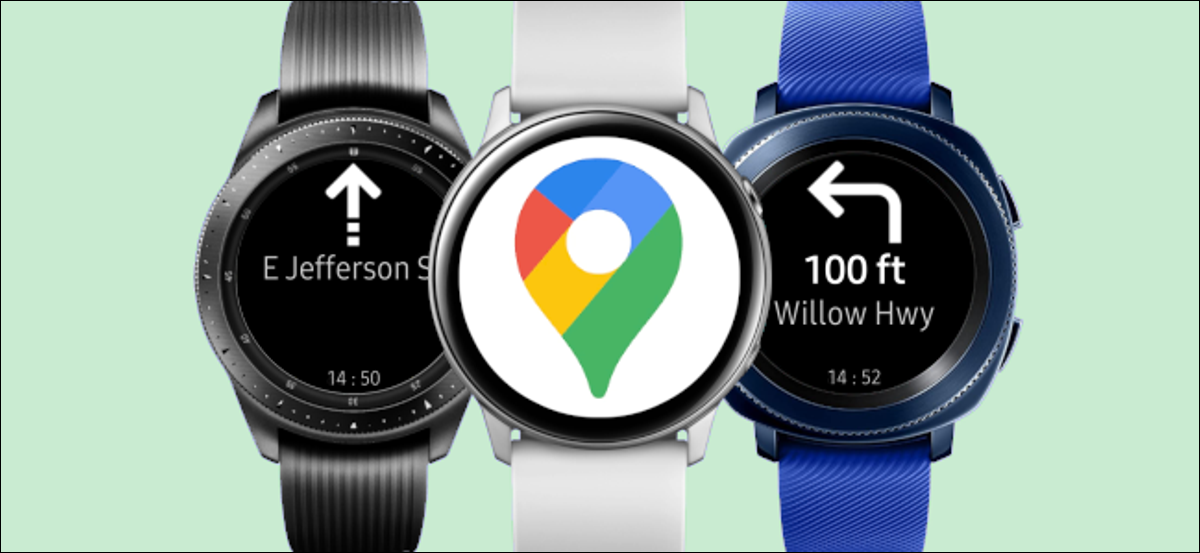 Google Maps en tres relojes inteligentes Samsung Galaxy.