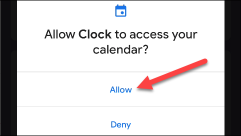 Toca "Permitir" para que Google Clock acceda a tu calendario.