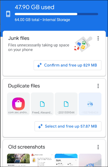 Los archivos de Google que muestran la cantidad de espacio utilizado en un teléfono Android.