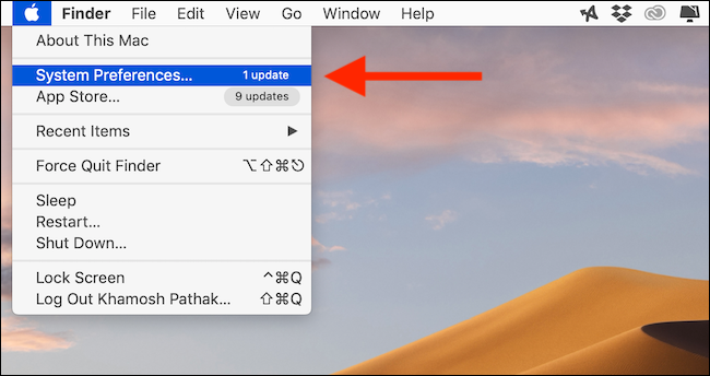 Haga clic en el botón Preferencias del sistema del menú de Apple en la barra de menú