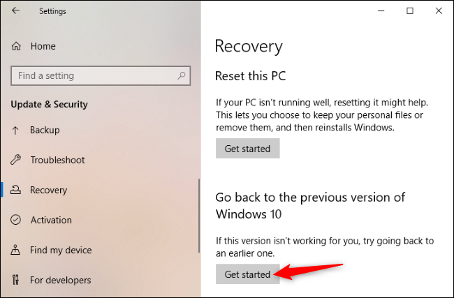 Haga clic en "Comenzar" para volver a la versión anterior de Windows 10.