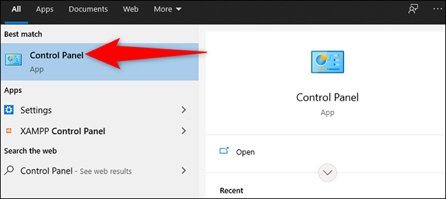 Escriba y seleccione "Panel de control" en el menú "Inicio" en Windows 10.