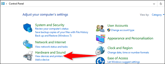 Haga clic en "Ver dispositivos e impresoras" en el Panel de control en Windows 10.