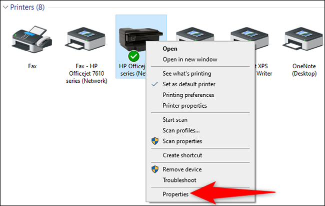Haga clic con el botón derecho en la impresora y seleccione "Propiedades" en la ventana "Dispositivos e impresoras" en Windows 10.