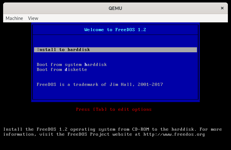 Arrancando el instalador de FreeDOS 1.2 en QEMU