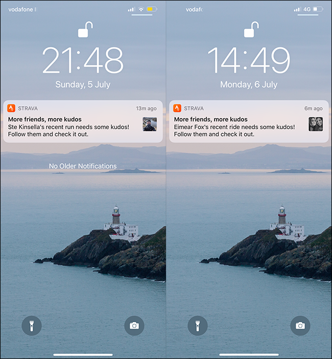 Notificaciones push de Strava en un teléfono celular. 