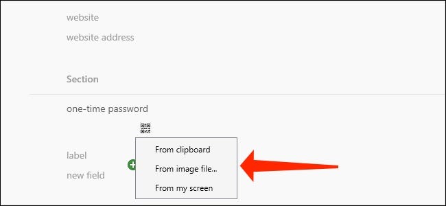 1Password para Windows le permite elegir de dónde obtener el código QR, si está configurando la autenticación de dos factores