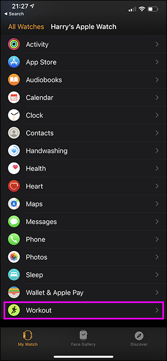 seleccionar entrenamiento en la aplicación apple watch en iphone