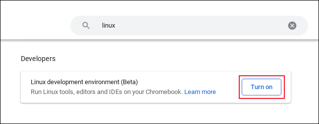 Clique em "Ativar" ao lado da configuração do ambiente de desenvolvimento Linux em um Chromebook.