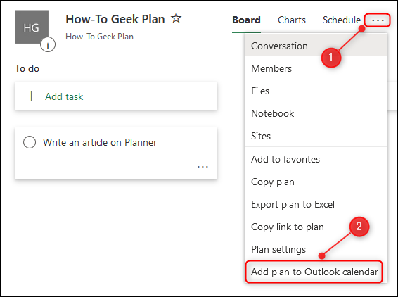 El menú contextual del Planificador con la opción "Agregar plan al calendario de Outlook" resaltada.
