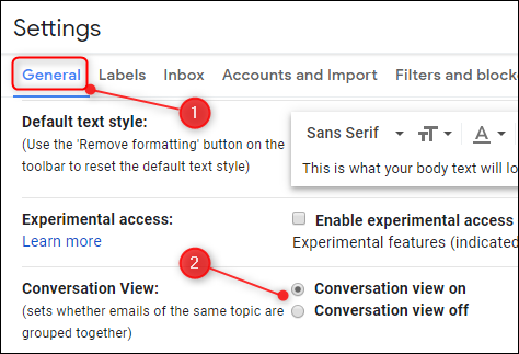 La configuración de Vista de conversación en Gmail