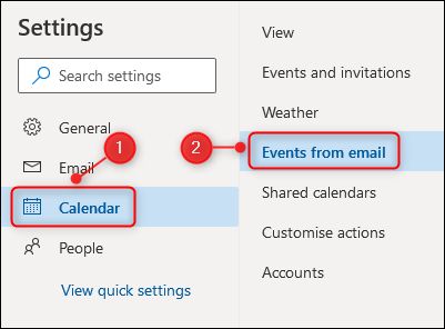 Las opciones "Calendario" y "Eventos del correo electrónico".