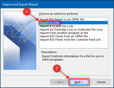 Outlook "Exportar a un archivo" opción.