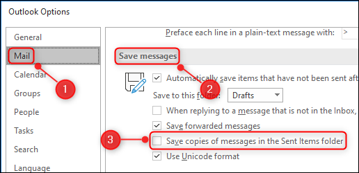 La opción "Guardar copias de mensajes en la carpeta Elementos enviados".