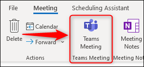 La opción "Reunión de equipos" en una nueva convocatoria de reunión.