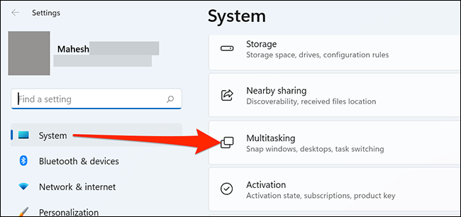 Si prega di selezionare "Multitasking" nelle impostazioni "Sistema" in Windows 11.