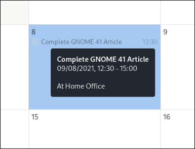 Resumen de información sobre herramientas del calendario de GNOME