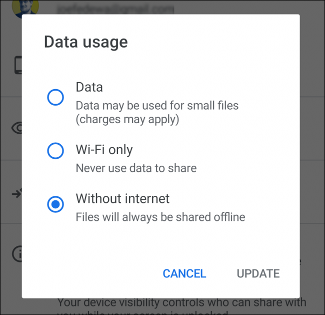 Datennutzungsoptionen für Close Share auf Android