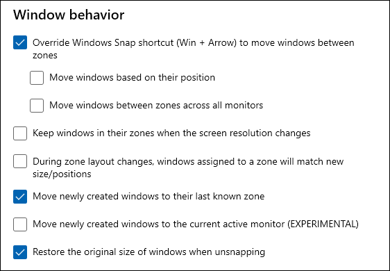 opções de comportamento da janela